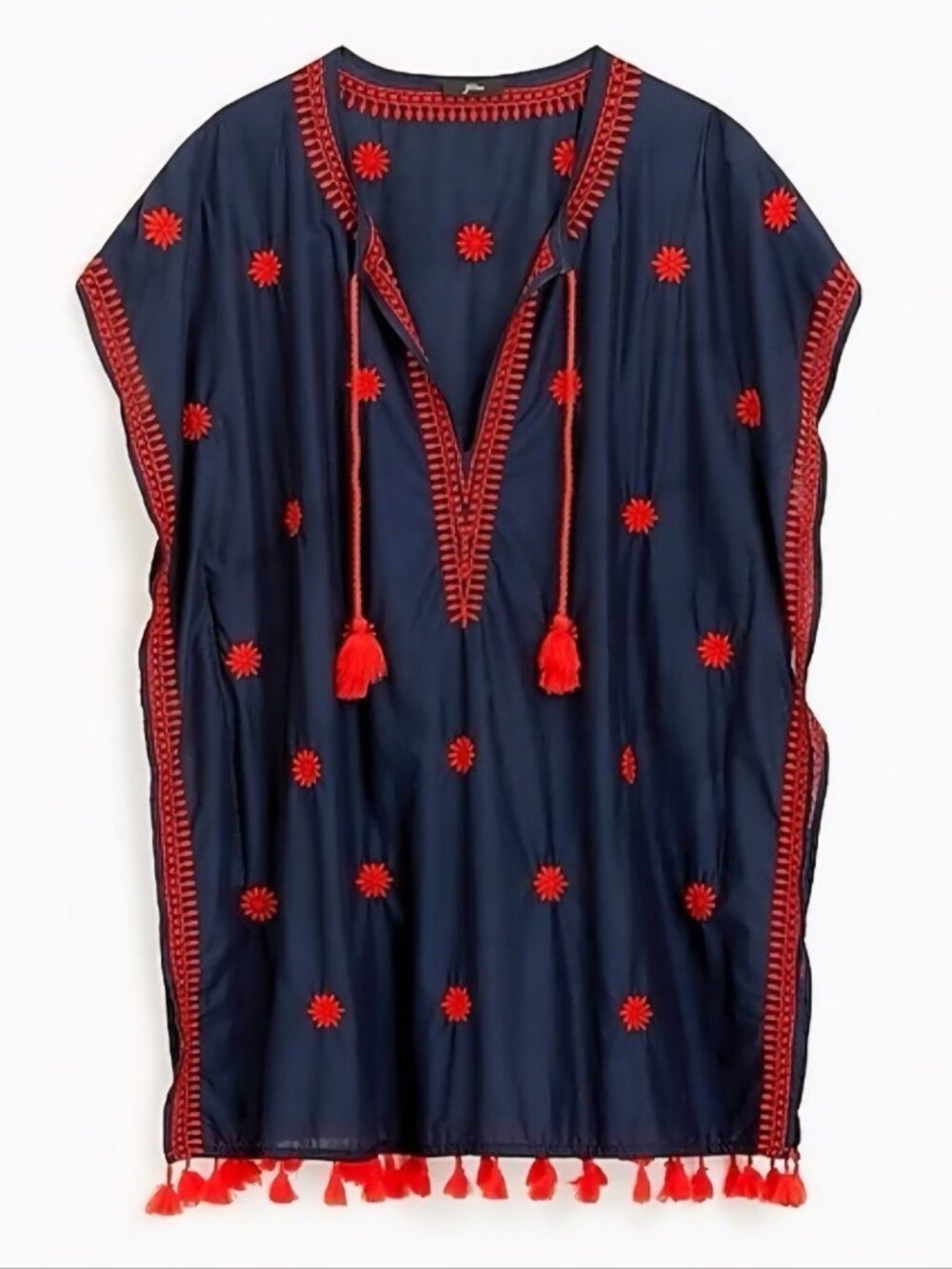 J. Crew Embroidered Indian Cotton Beach Tunic Resortwear Navy/Red size medium